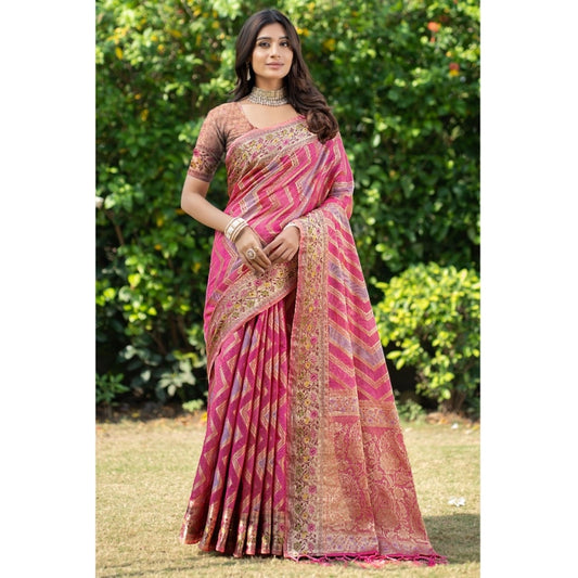 Clasymist Women's Organza Printed Saree With Unstitched Blouse (Pink, 5-6 Mtrs)