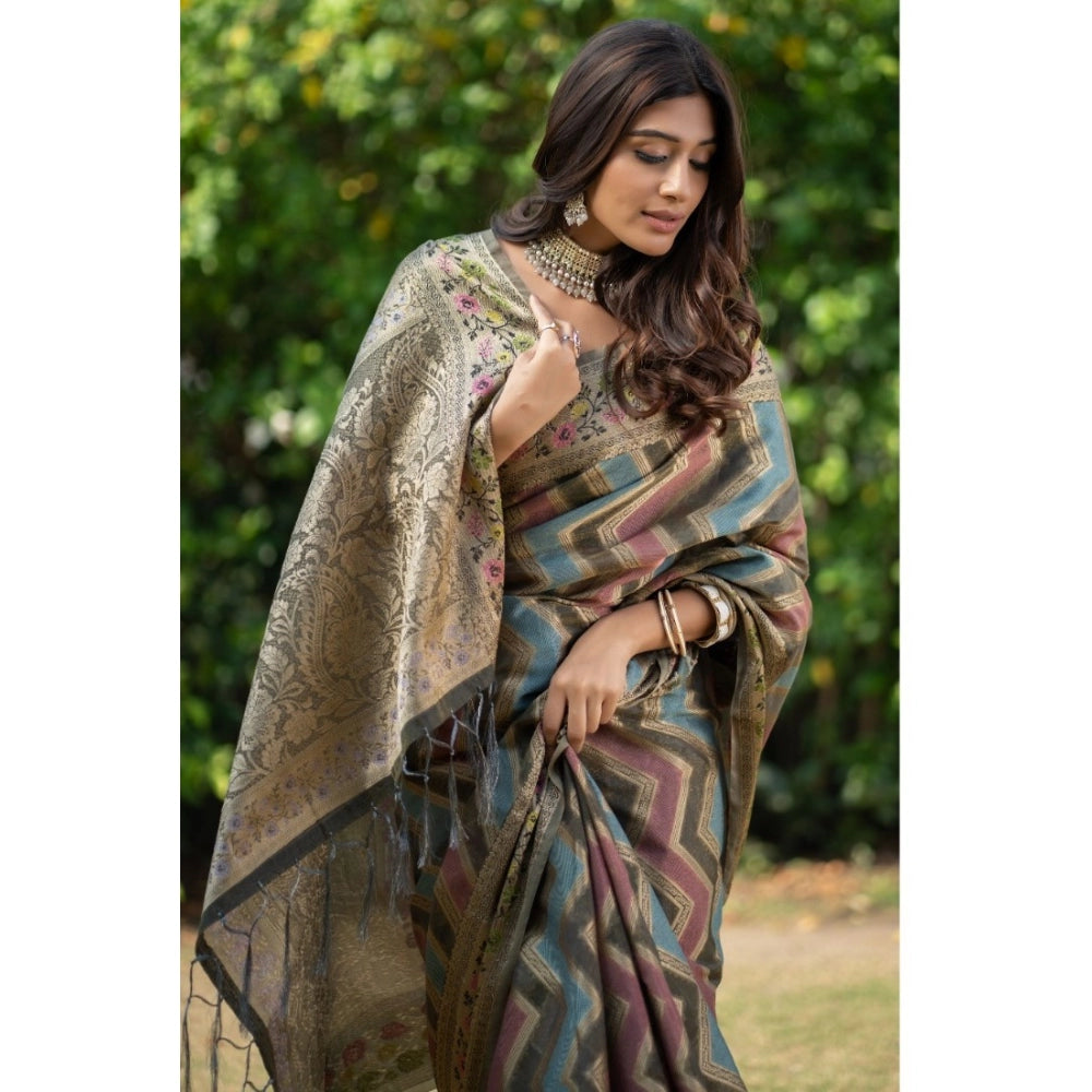 Clasymist Women's Organza Printed Saree With Unstitched Blouse (Grey, 5-6 Mtrs)