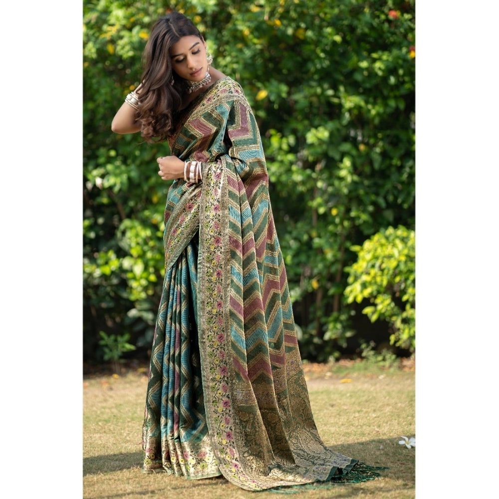 Clasymist Women's Organza Printed Saree With Unstitched Blouse (Green, 5-6 Mtrs)