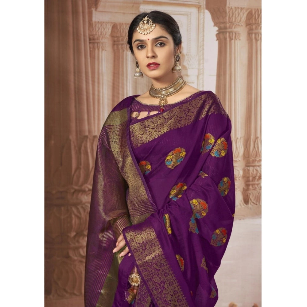 Clasymist Women's Chanderi Cotton Printed Saree With Unstitched Blouse (Purple, 5-6 Mtrs)