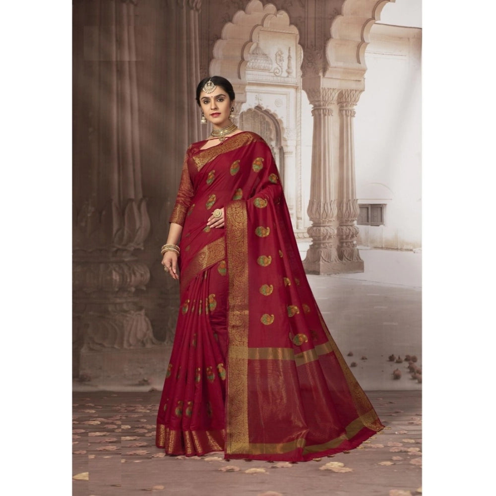 Clasymist Women's Chanderi Cotton Printed Saree With Unstitched Blouse (Red, 5-6 Mtrs)