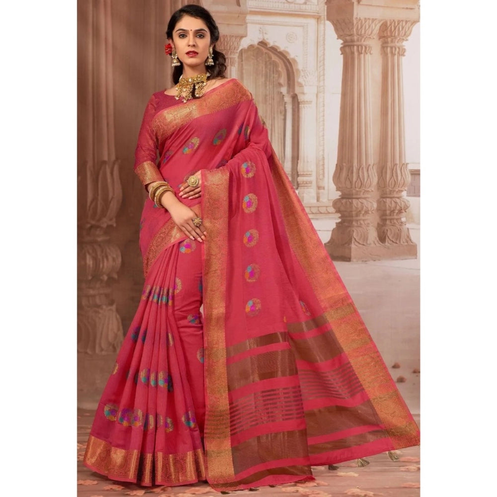 Clasymist Women's Chanderi Cotton Printed Saree With Unstitched Blouse (Pink, 5-6 Mtrs)