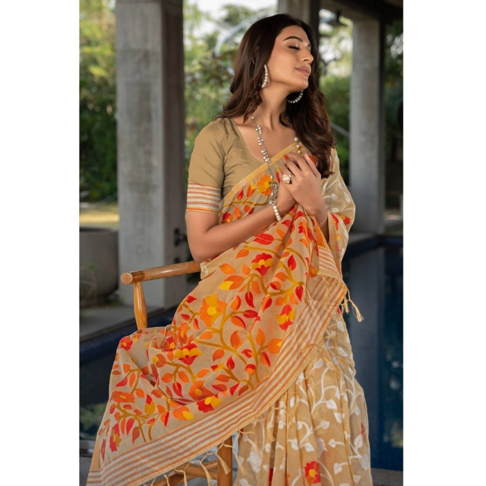 Clasymist Women's Cotton Printed Saree With Unstitched Blouse (Beige, 5-6 Mtrs)