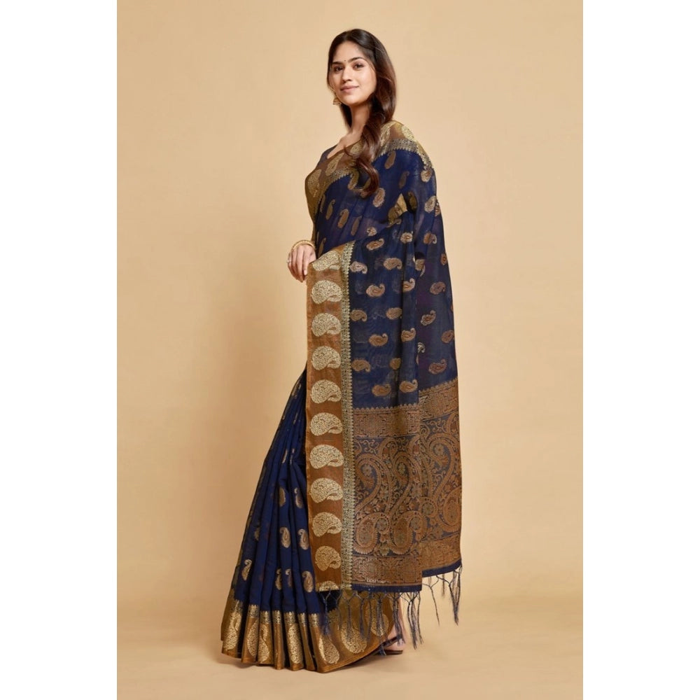 Clasymist Women's Chanderi Cotton Printed Saree With Unstitched Blouse (Navy Blue, 5-6 Mtrs)