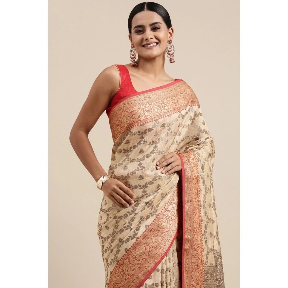 Clasymist Women's Chanderi Cotton Printed Saree With Unstitched Blouse (Beige, 5-6 Mtrs)