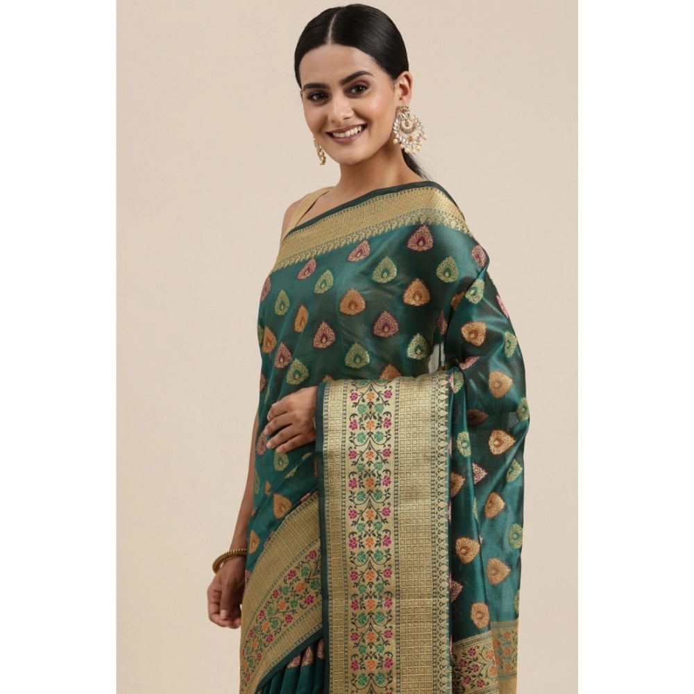 Clasymist Women's Organza Printed Saree With Unstitched Blouse (Sea Green, 5-6 Mtrs)