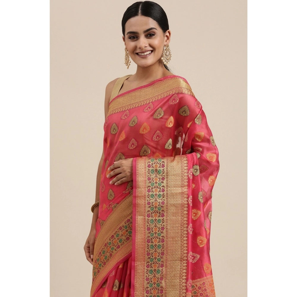 Clasymist Women's Organza Printed Saree With Unstitched Blouse (Pink, 5-6 Mtrs)