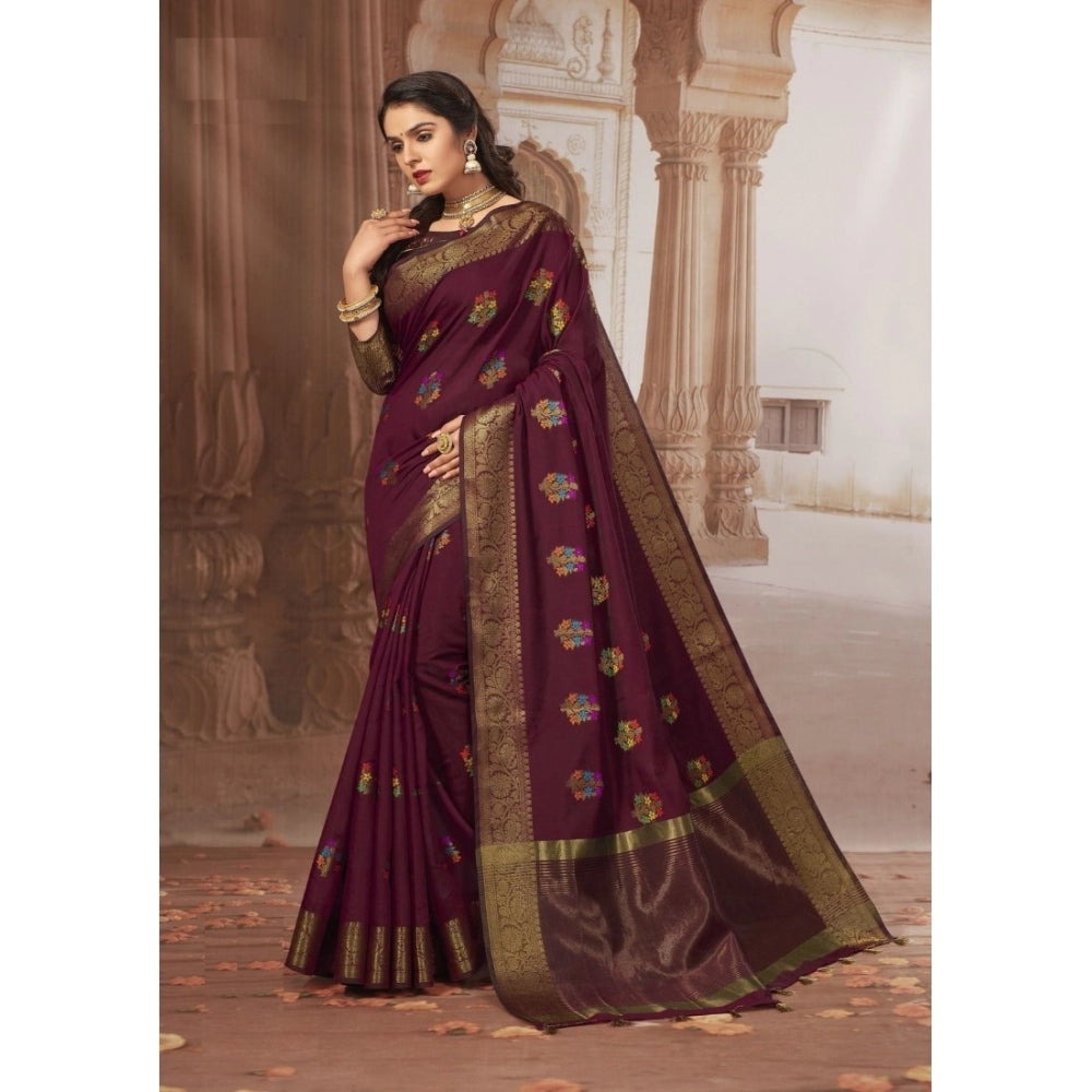 Clasymist Women's Chanderi Cotton Printed Saree With Unstitched Blouse (Maroon, 5-6 Mtrs)