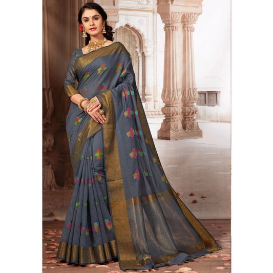 Clasymist Women's Linen Printed Saree With Unstitched Blouse (Grey, 5-6 Mtrs)