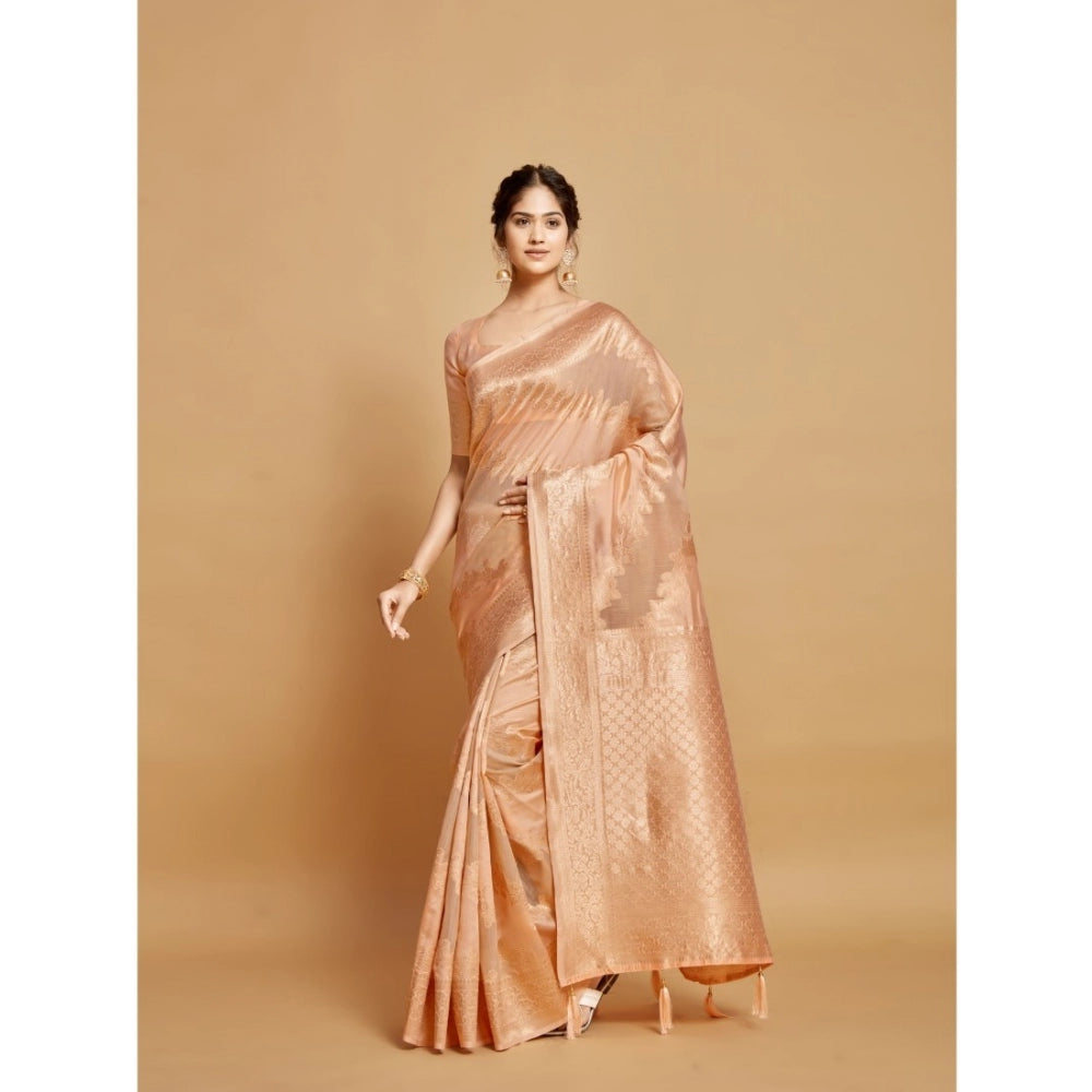 Clasymist Women's Linen Printed Saree With Unstitched Blouse (Peach, 5-6 Mtrs)