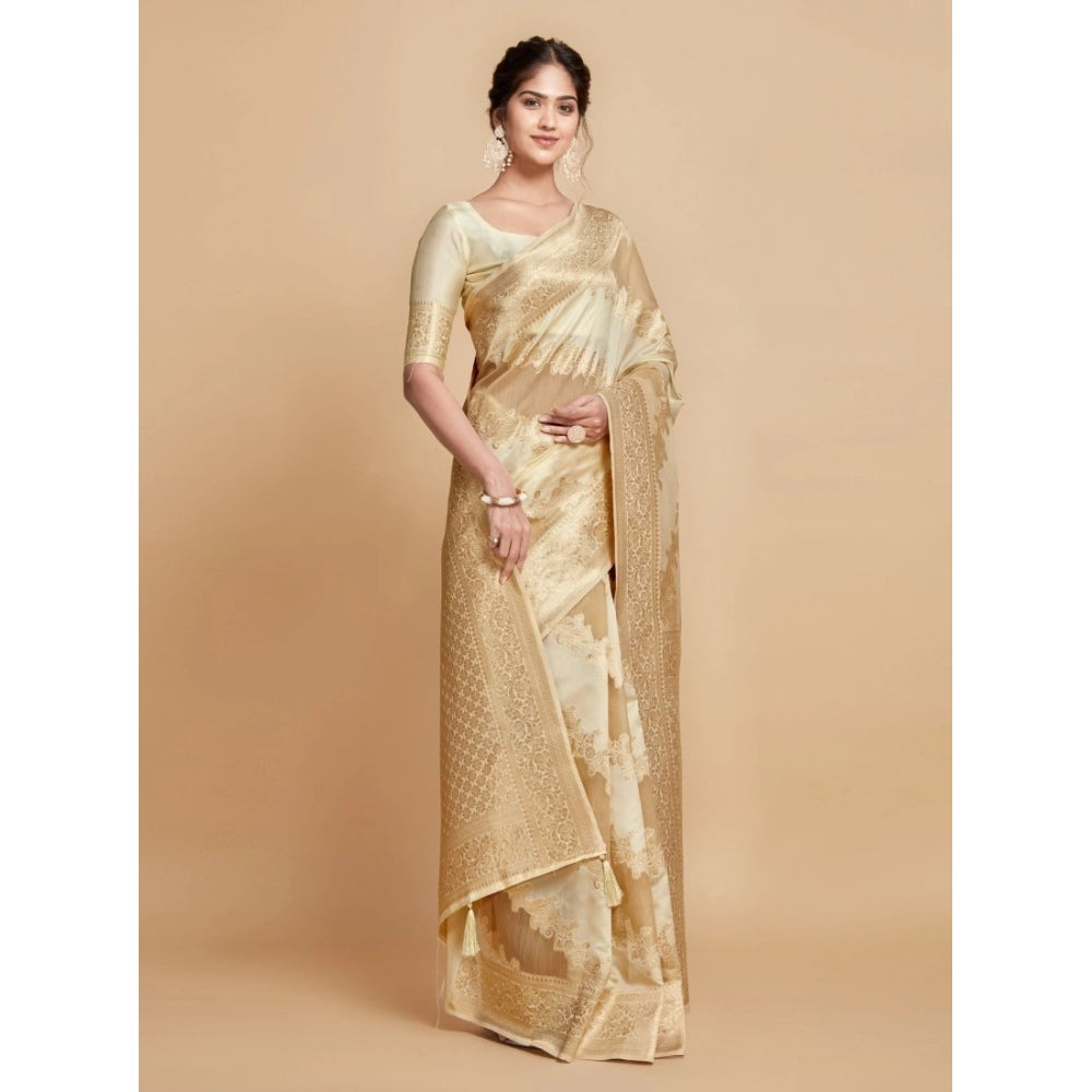 Clasymist Women's Linen Printed Saree With Unstitched Blouse (Beige, 5-6 Mtrs)