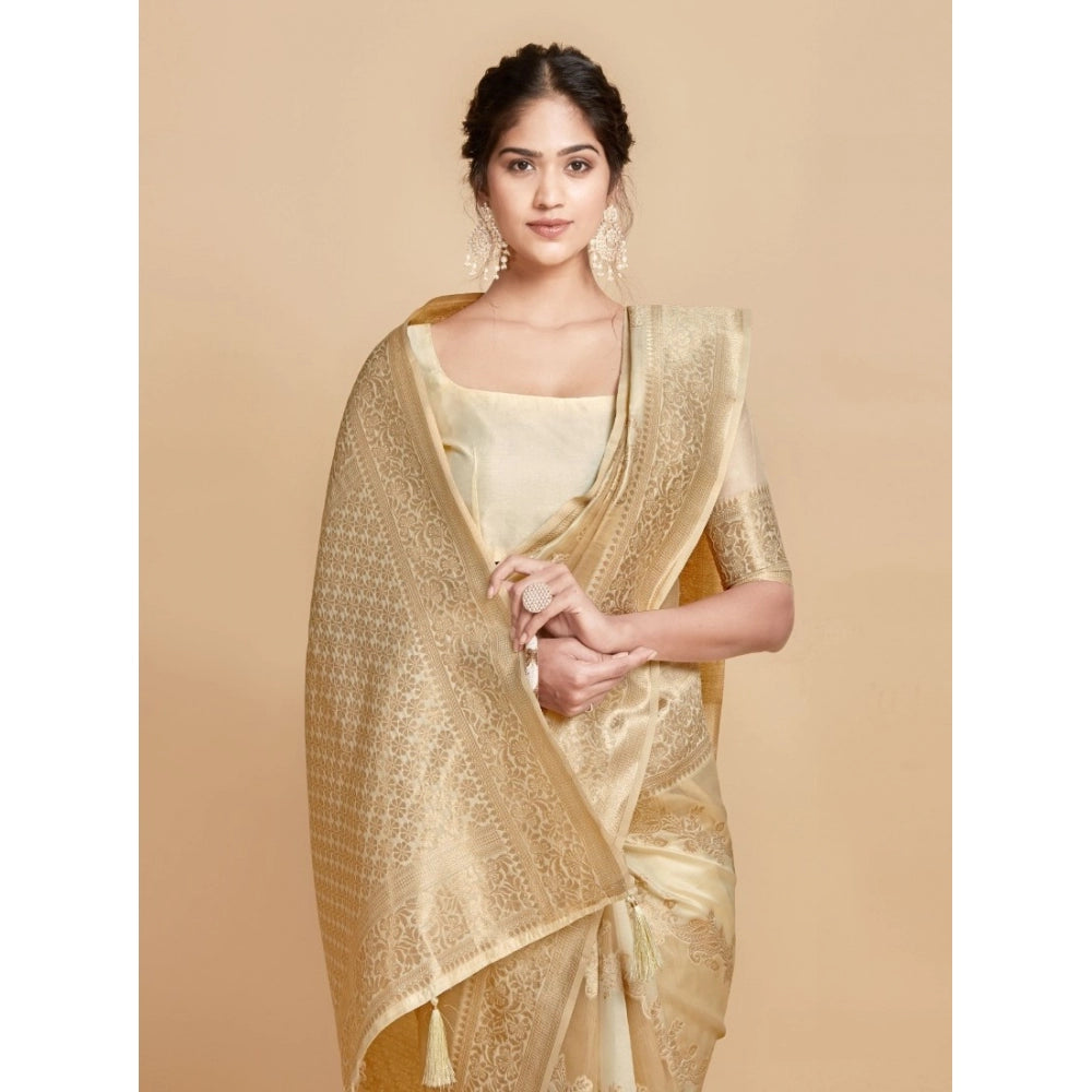 Clasymist Women's Linen Printed Saree With Unstitched Blouse (Beige, 5-6 Mtrs)