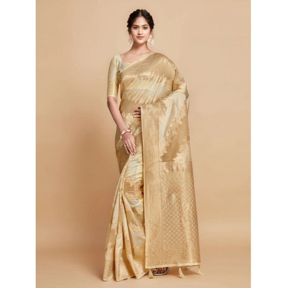 Clasymist Women's Linen Printed Saree With Unstitched Blouse (Beige, 5-6 Mtrs)