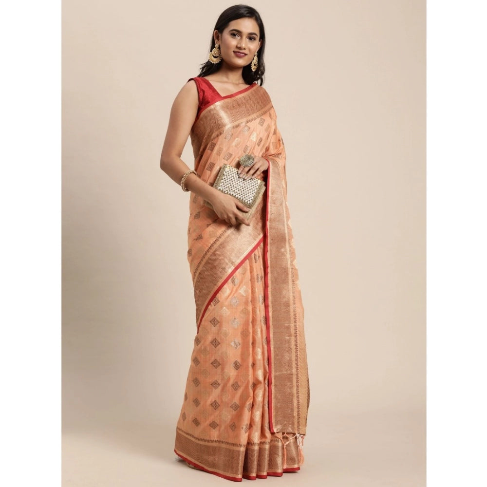 Clasymist Women's Chanderi Cotton Printed Saree With Unstitched Blouse (Orange, 5-6 Mtrs)