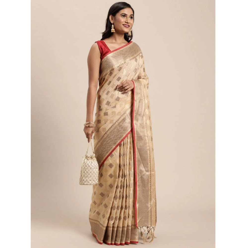 Clasymist Women's Chanderi Cotton Printed Saree With Unstitched Blouse (Beige, 5-6 Mtrs)