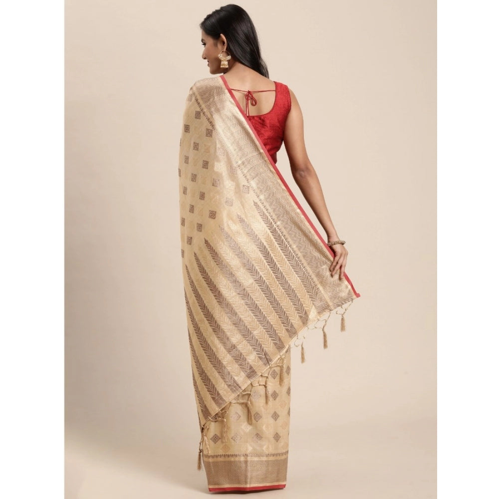 Clasymist Women's Chanderi Cotton Printed Saree With Unstitched Blouse (Beige, 5-6 Mtrs)