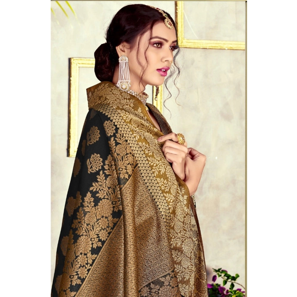 Clasymist Women's Chanderi Cotton Printed Saree With Unstitched Blouse (Black, 5-6 Mtrs)