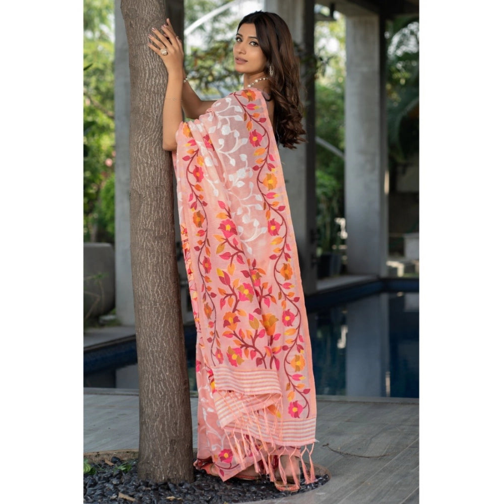 Clasymist Women's Cotton Printed Saree With Unstitched Blouse (Peach, 5-6 Mtrs)