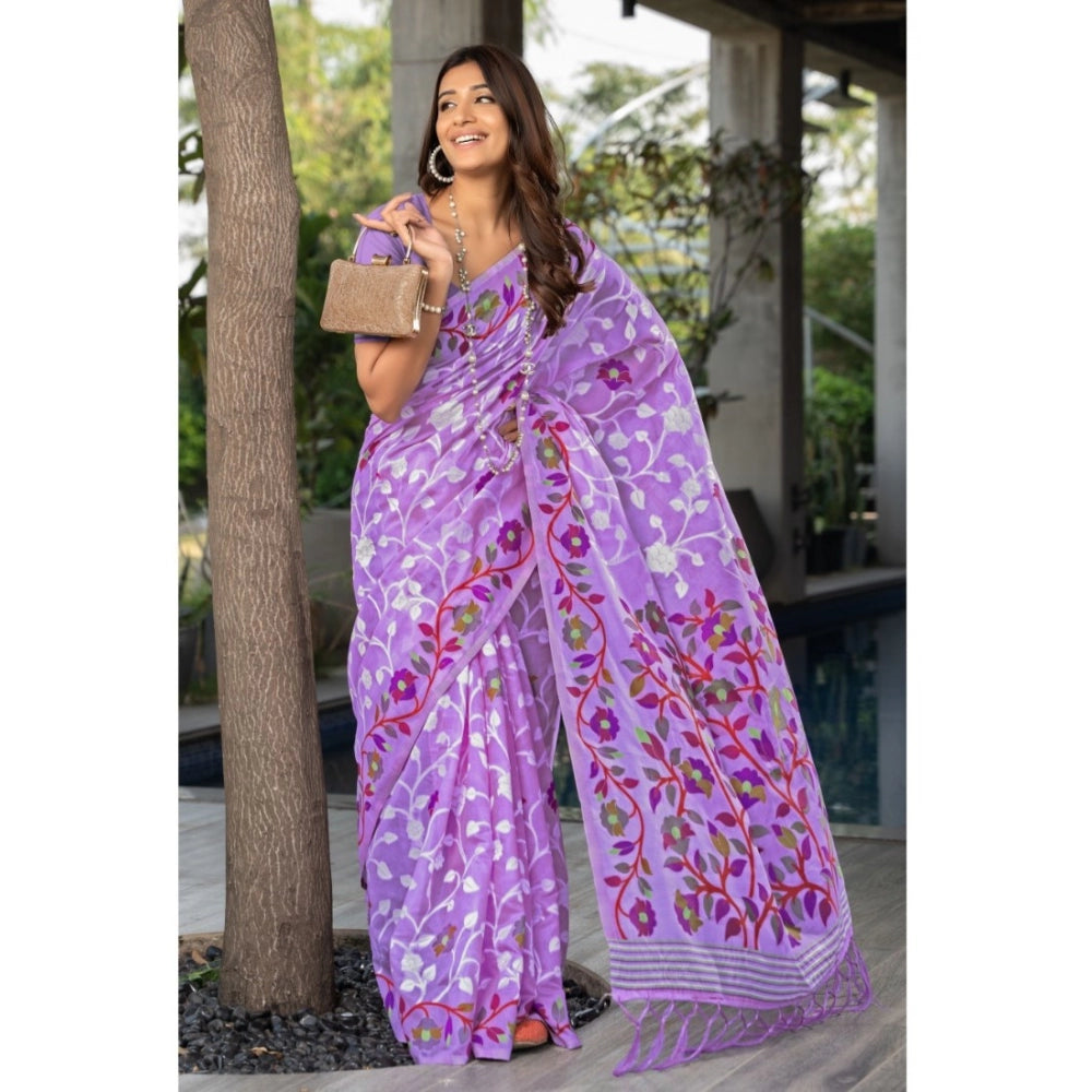 Clasymist Women's Cotton Printed Saree With Unstitched Blouse (Lavender, 5-6 Mtrs)