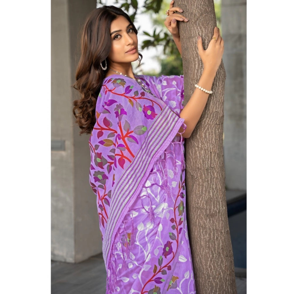 Clasymist Women's Cotton Printed Saree With Unstitched Blouse (Lavender, 5-6 Mtrs)