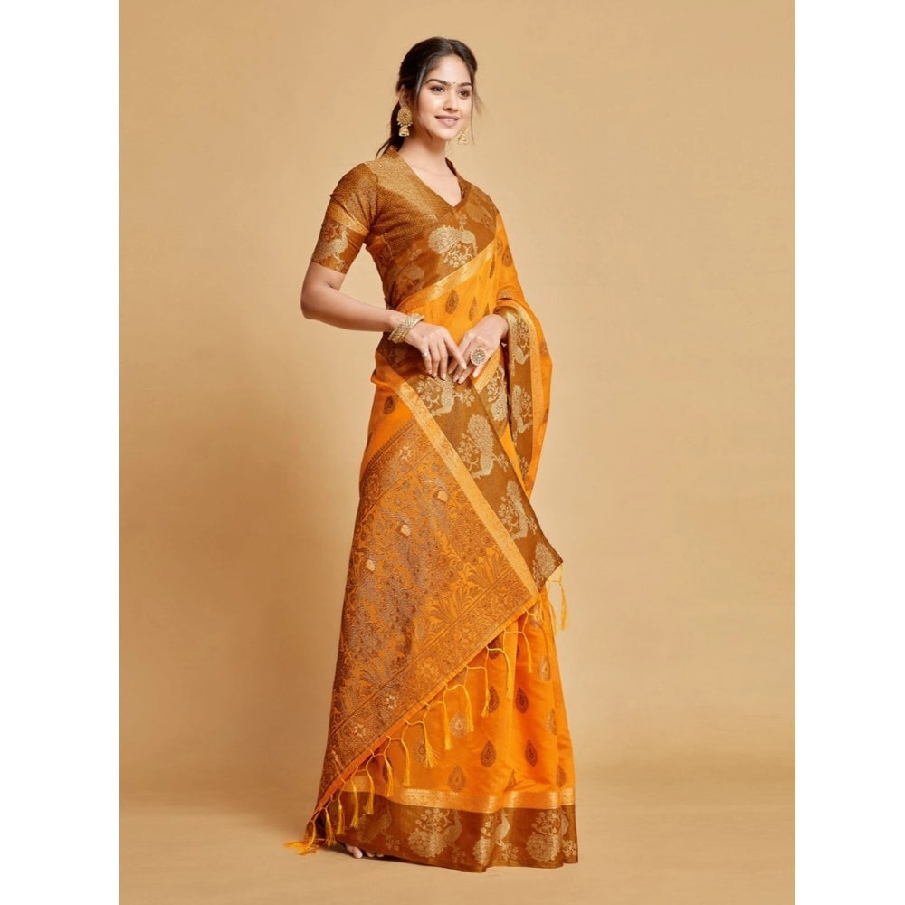 Clasymist Women's Organza Printed Saree With Unstitched Blouse (Mustard, 5-6 Mtrs)