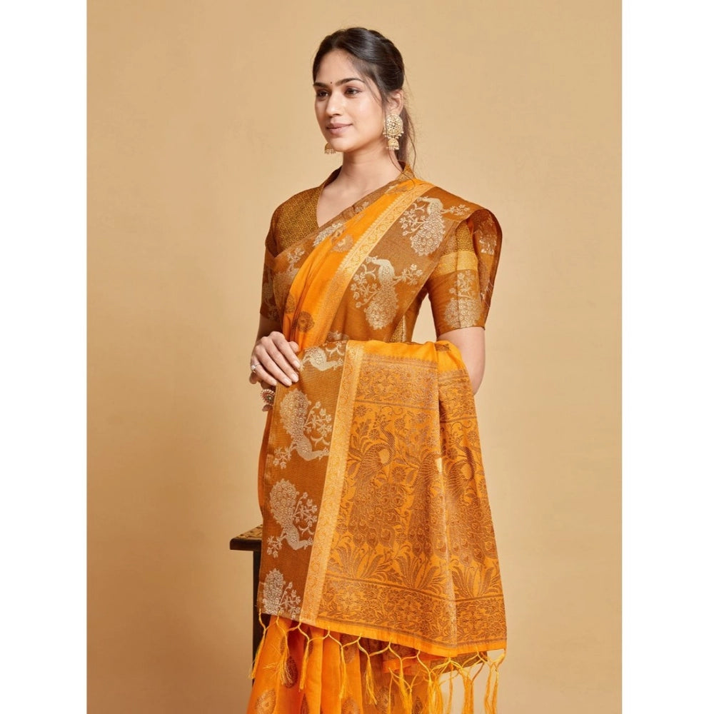 Clasymist Women's Organza Printed Saree With Unstitched Blouse (Mustard, 5-6 Mtrs)