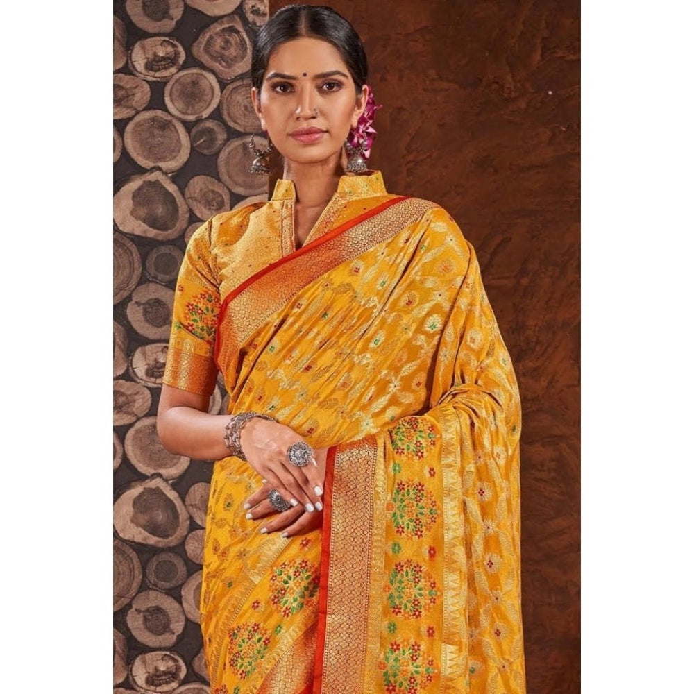 Clasymist Women's Organza Printed Saree With Unstitched Blouse (Yellow, 5-6 Mtrs)