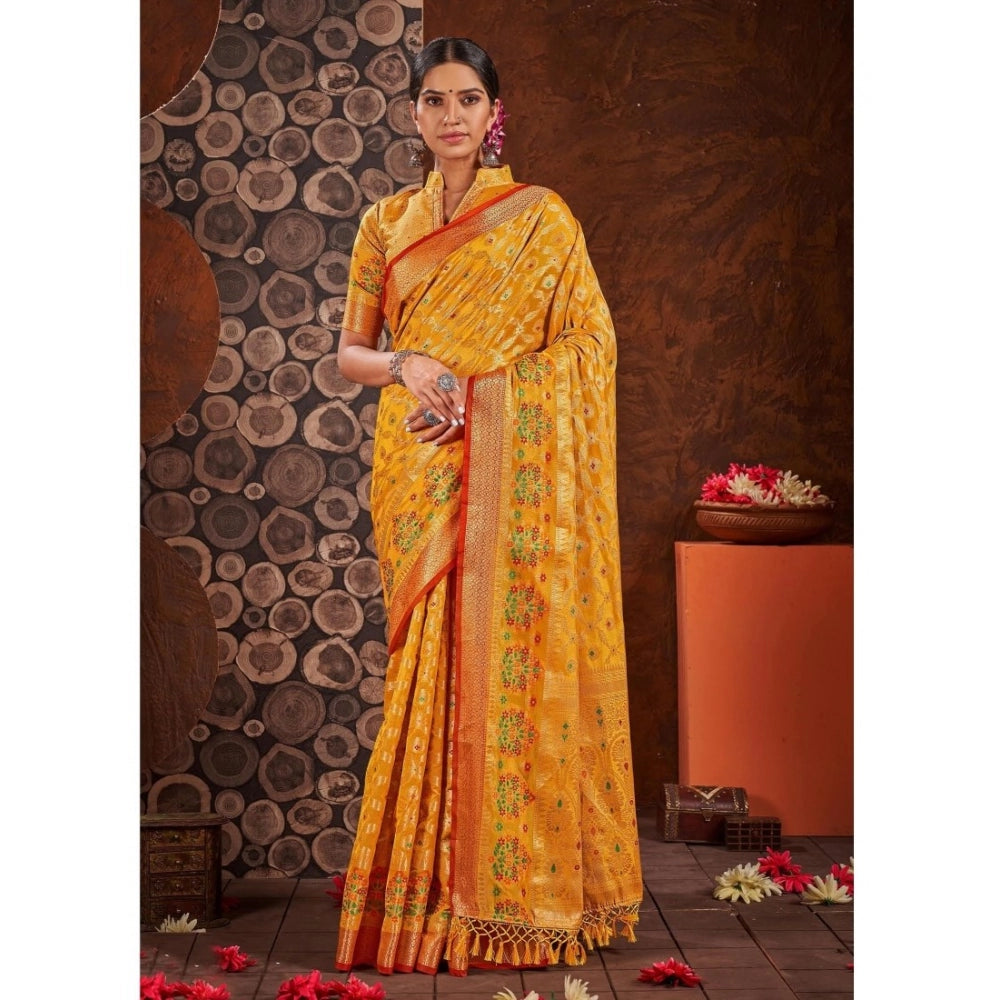 Clasymist Women's Organza Printed Saree With Unstitched Blouse (Yellow, 5-6 Mtrs)