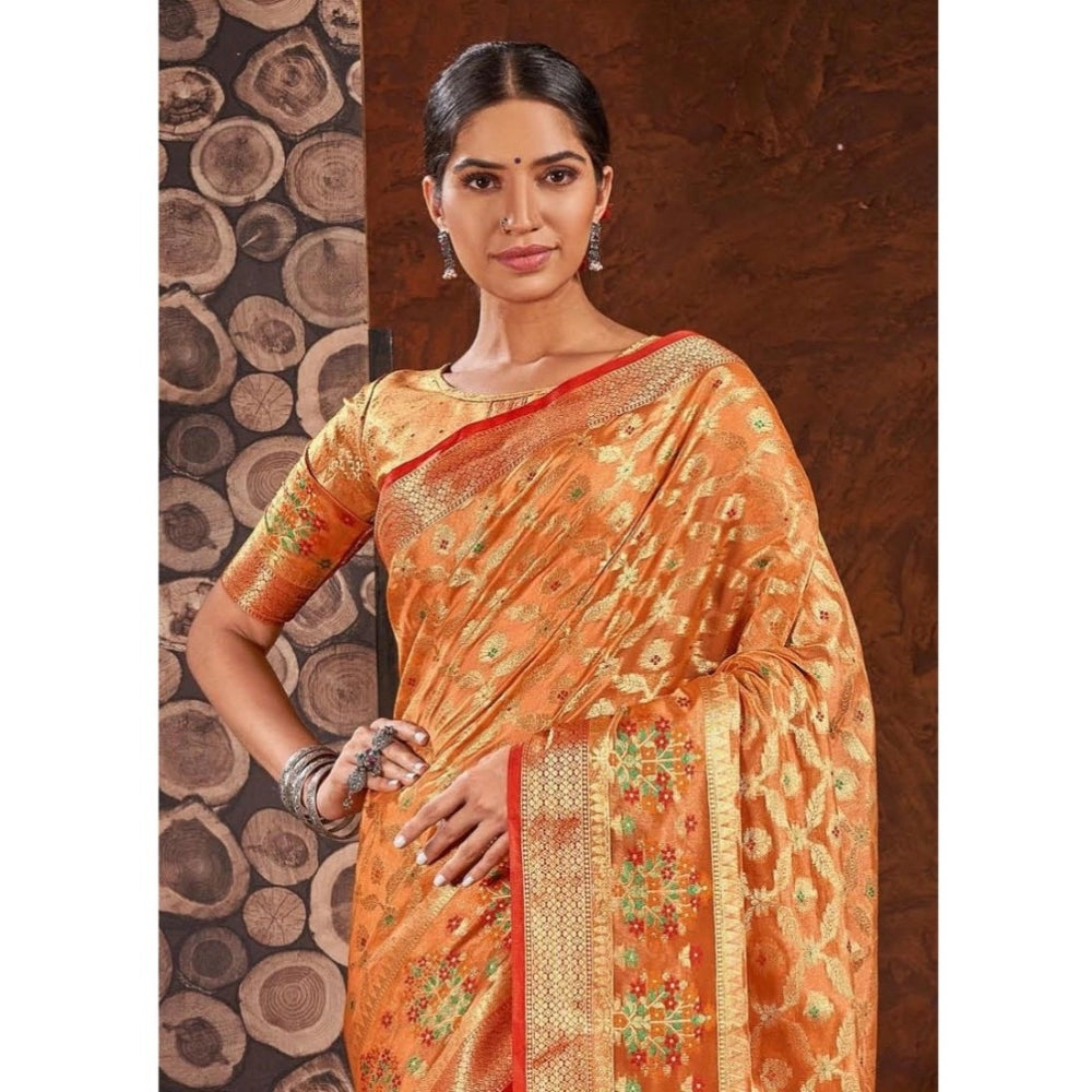 Clasymist Women's Organza Printed Saree With Unstitched Blouse (Orange, 5-6 Mtrs)