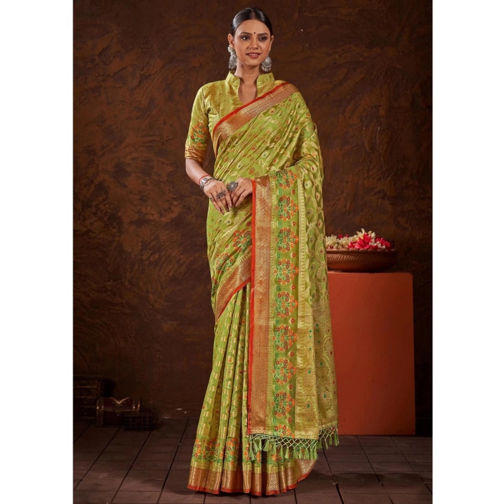 Clasymist Women's Organza Printed Saree With Unstitched Blouse (Parrot Green, 5-6 Mtrs)