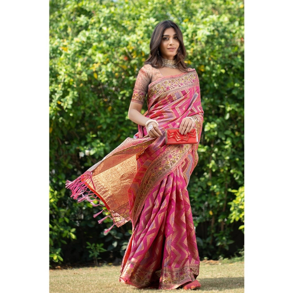 Clasymist Women's Organza Printed Saree With Unstitched Blouse (Pink, 5-6 Mtrs)