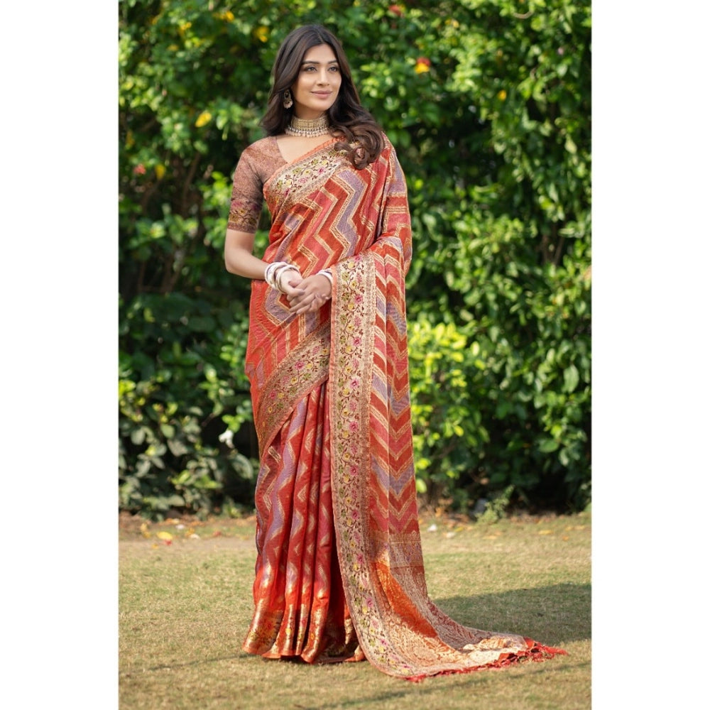 Clasymist Women's Organza Printed Saree With Unstitched Blouse (Orange, 5-6 Mtrs)