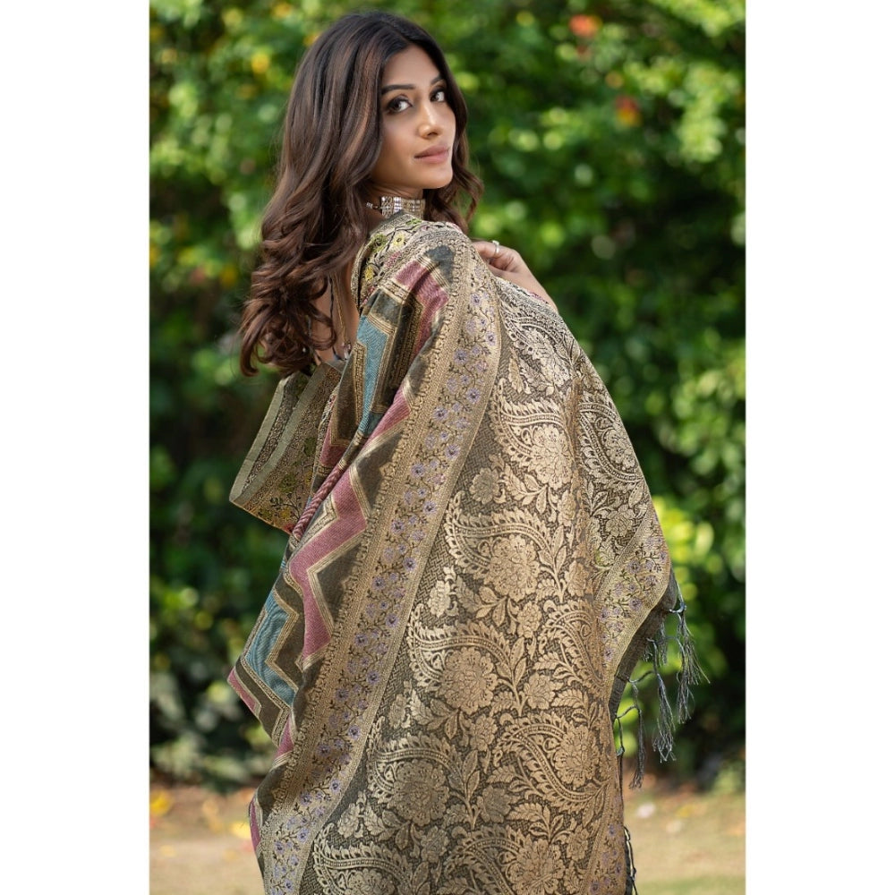 Clasymist Women's Organza Printed Saree With Unstitched Blouse (Grey, 5-6 Mtrs)