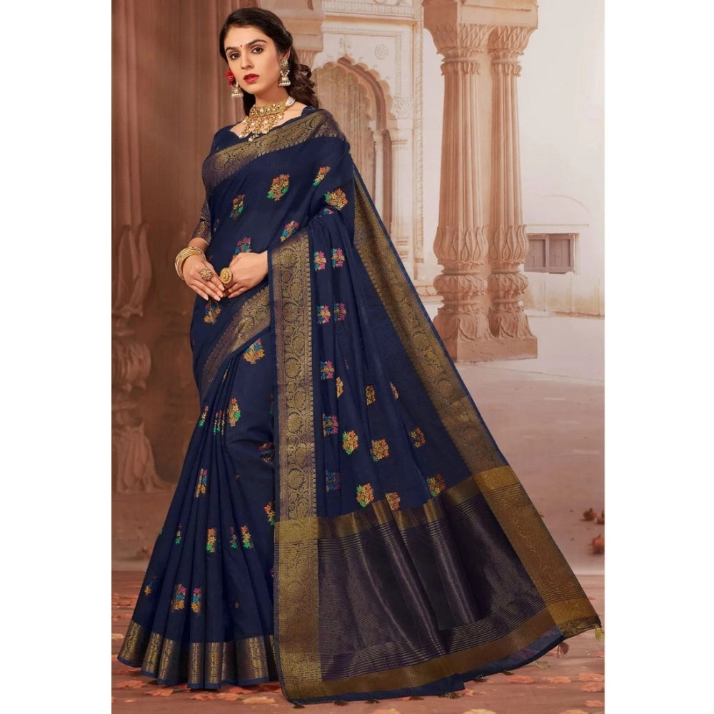 Clasymist Women's Chanderi Cotton Printed Saree With Unstitched Blouse (Navy Blue, 5-6 Mtrs)