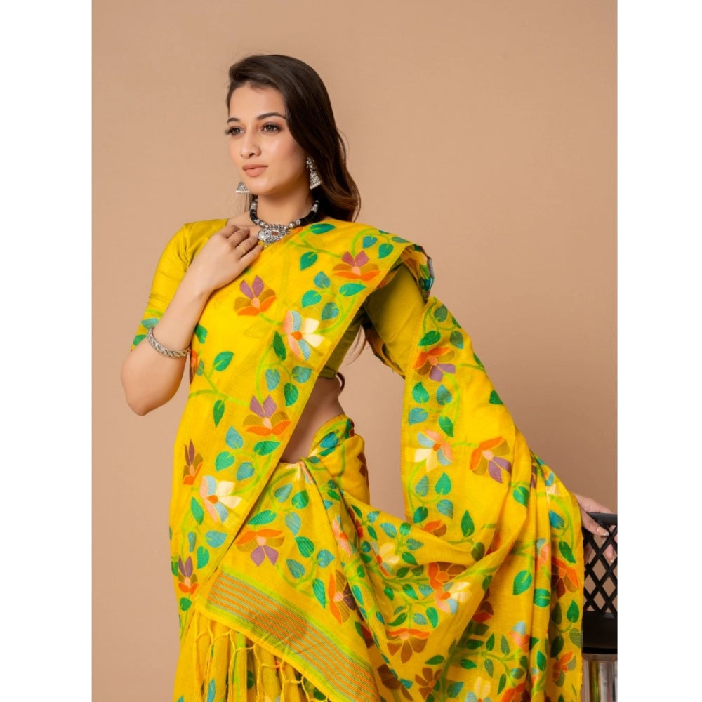 Clasymist Women's Cotton Printed Saree With Unstitched Blouse (Yellow, 5-6 Mtrs)