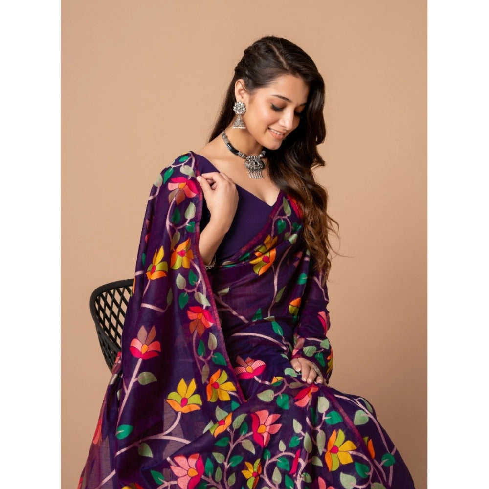 Clasymist Women's Cotton Printed Saree With Unstitched Blouse (Wine, 5-6 Mtrs)