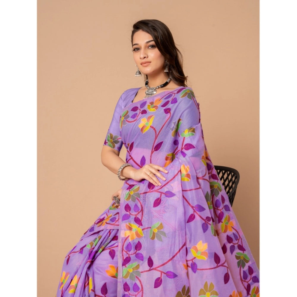 Clasymist Women's Cotton Printed Saree With Unstitched Blouse (Lavender, 5-6 Mtrs)