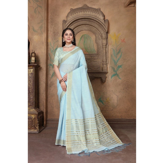 Clasymist Women's Soft Linen Striped Saree With Unstitched Blouse (Sky Blue, 5-6 Mtrs)