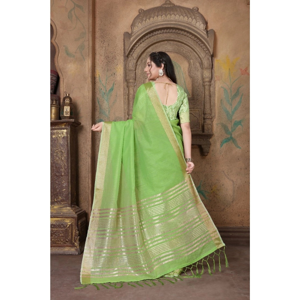 Clasymist Women's Soft Linen Striped Saree With Unstitched Blouse (Green, 5-6 Mtrs)