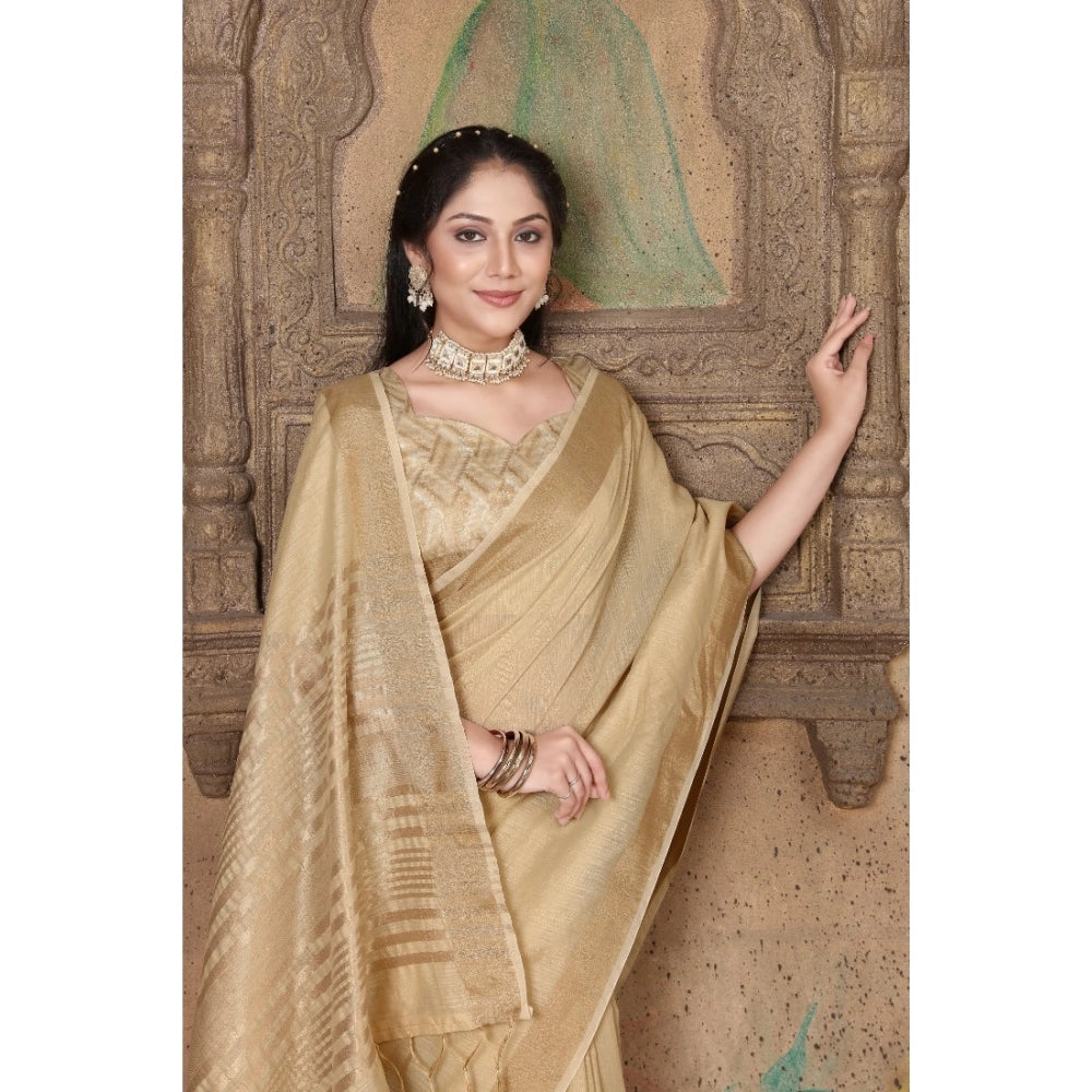 Clasymist Women's Soft Linen Striped Saree With Unstitched Blouse (Beige, 5-6 Mtrs)