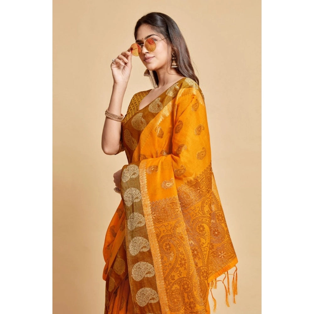 Clasymist Women's Chanderi Cotton Printed Saree With Unstitched Blouse (Mustard, 5-6 Mtrs)