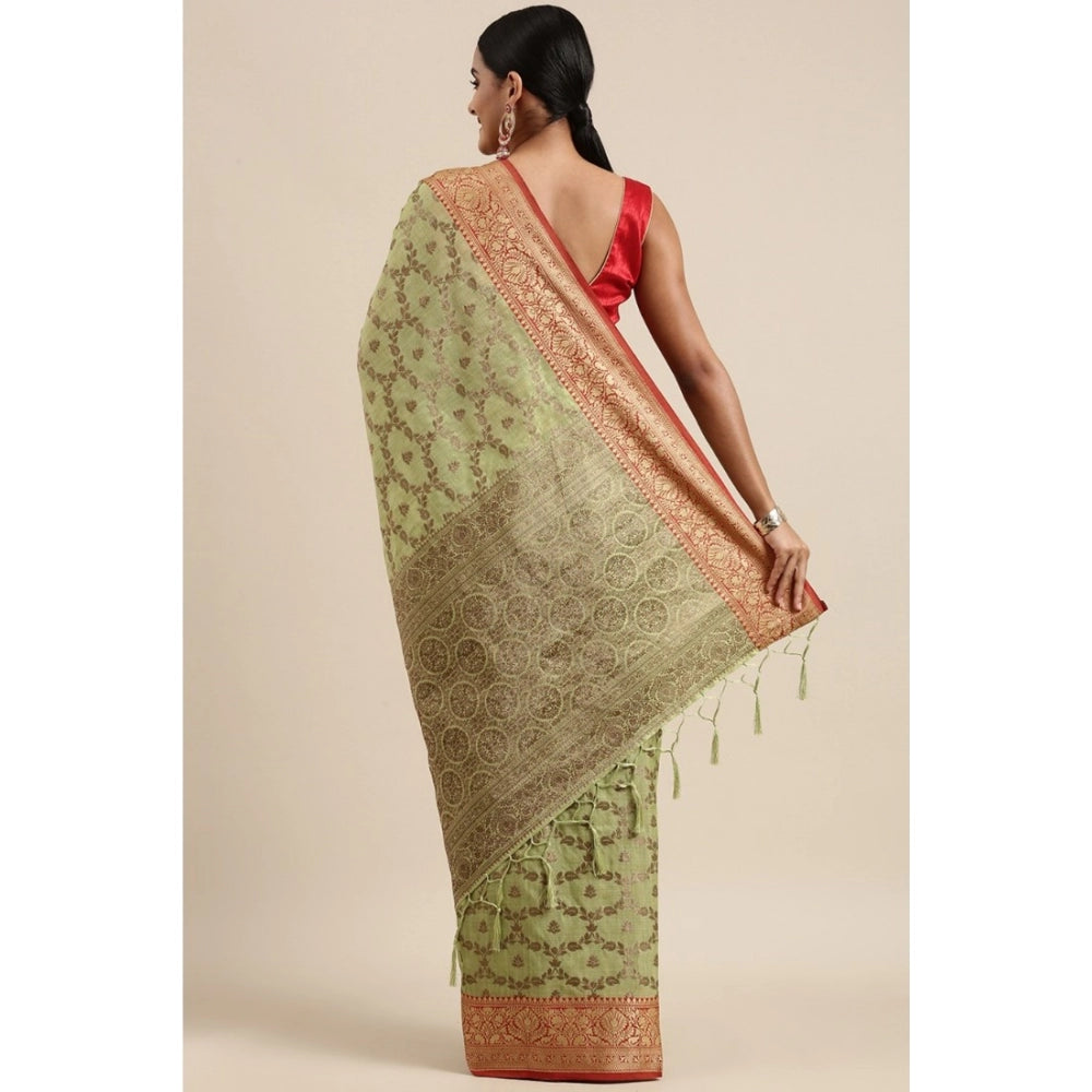 Clasymist Women's Chanderi Cotton Printed Saree With Unstitched Blouse (Pista, 5-6 Mtrs)