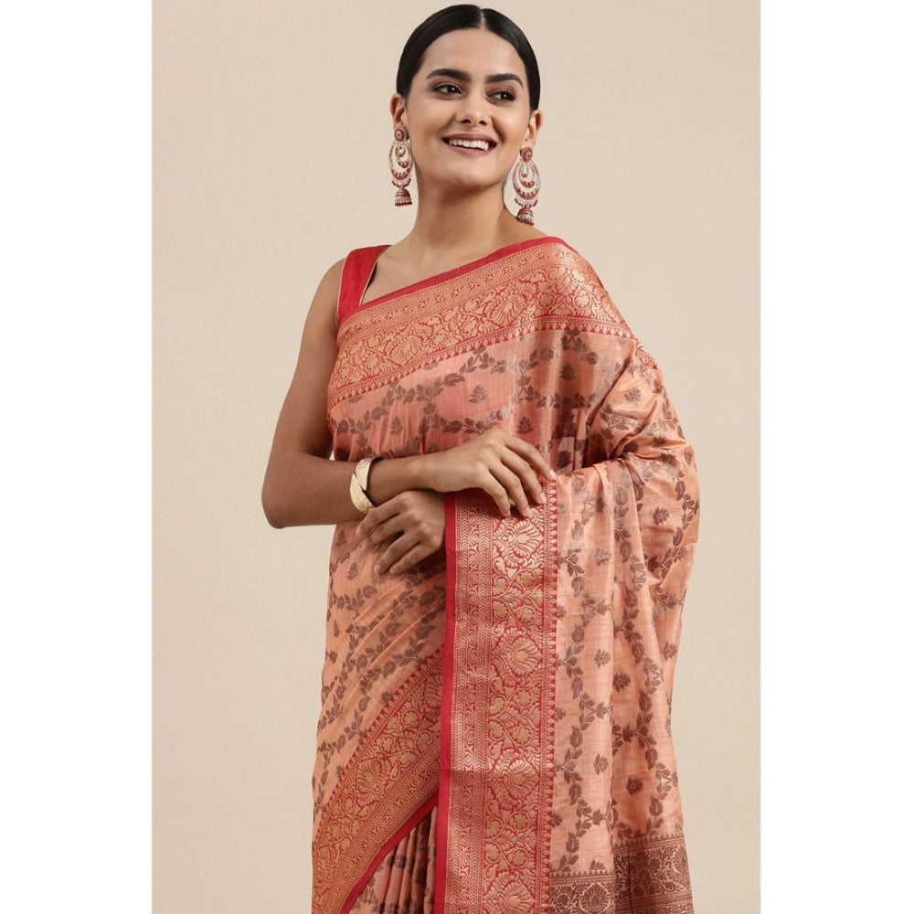 Clasymist Women's Chanderi Cotton Printed Saree With Unstitched Blouse (Peach, 5-6 Mtrs)