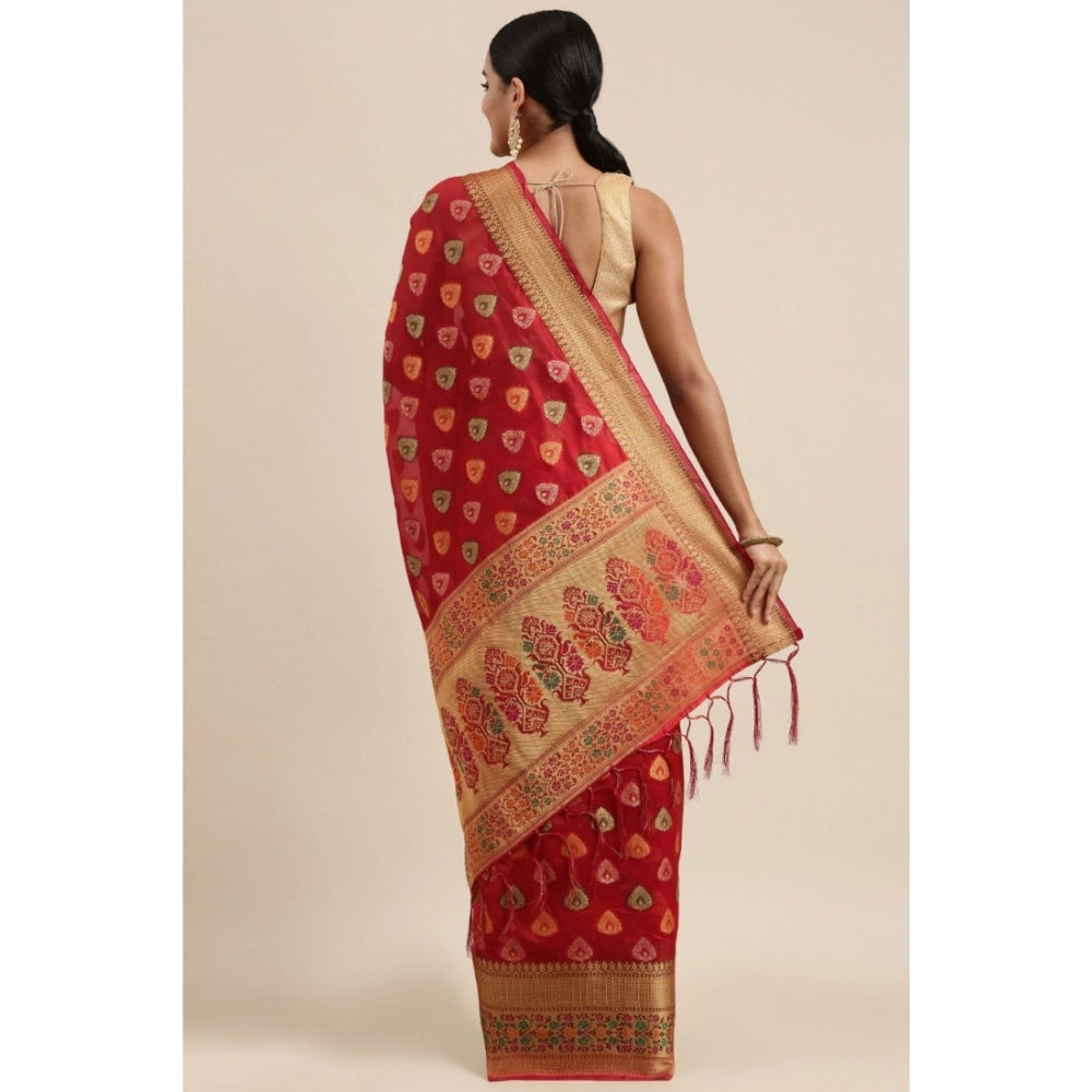 Clasymist Women's Organza Printed Saree With Unstitched Blouse (Red, 5-6 Mtrs)