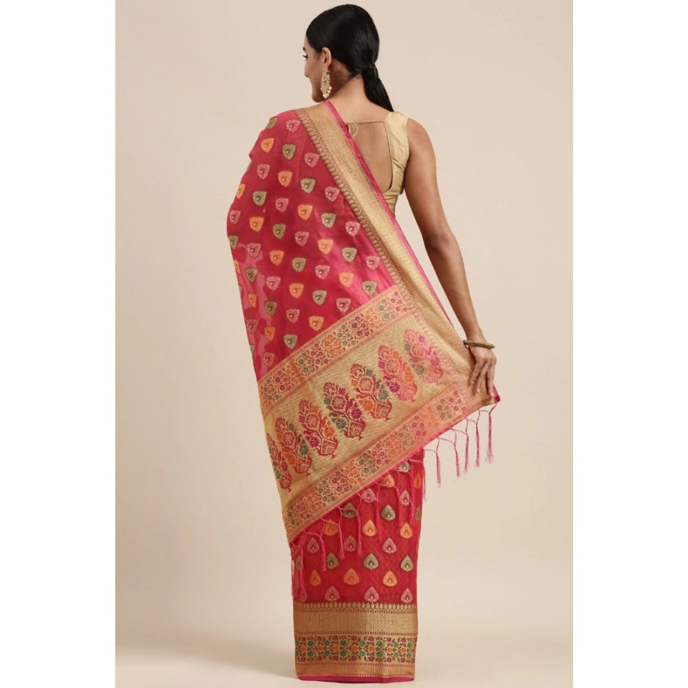 Clasymist Women's Organza Printed Saree With Unstitched Blouse (Pink, 5-6 Mtrs)