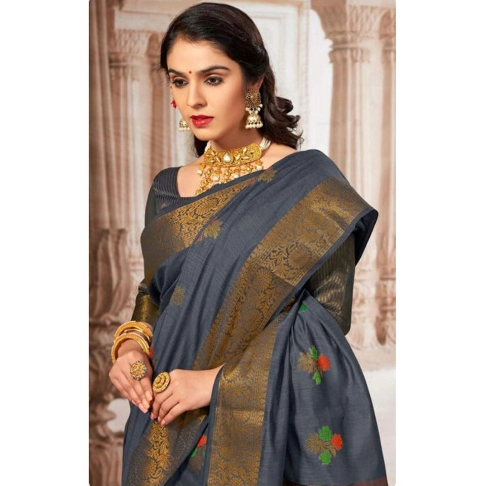 Clasymist Women's Linen Printed Saree With Unstitched Blouse (Grey, 5-6 Mtrs)