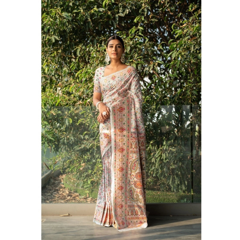 Clasymist Women's Linen Printed Saree With Unstitched Blouse (Off-White, 5-6 Mtrs)