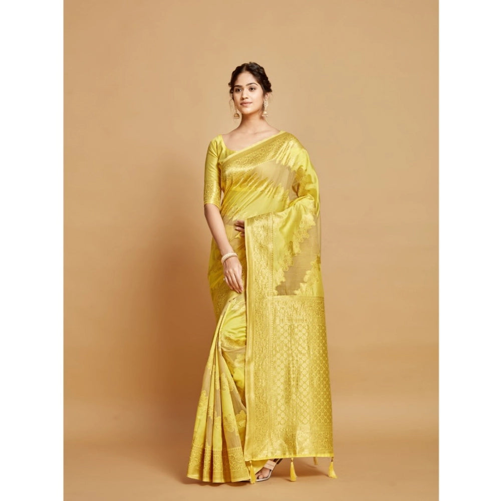 Clasymist Women's Linen Printed Saree With Unstitched Blouse (Yellow, 5-6 Mtrs)