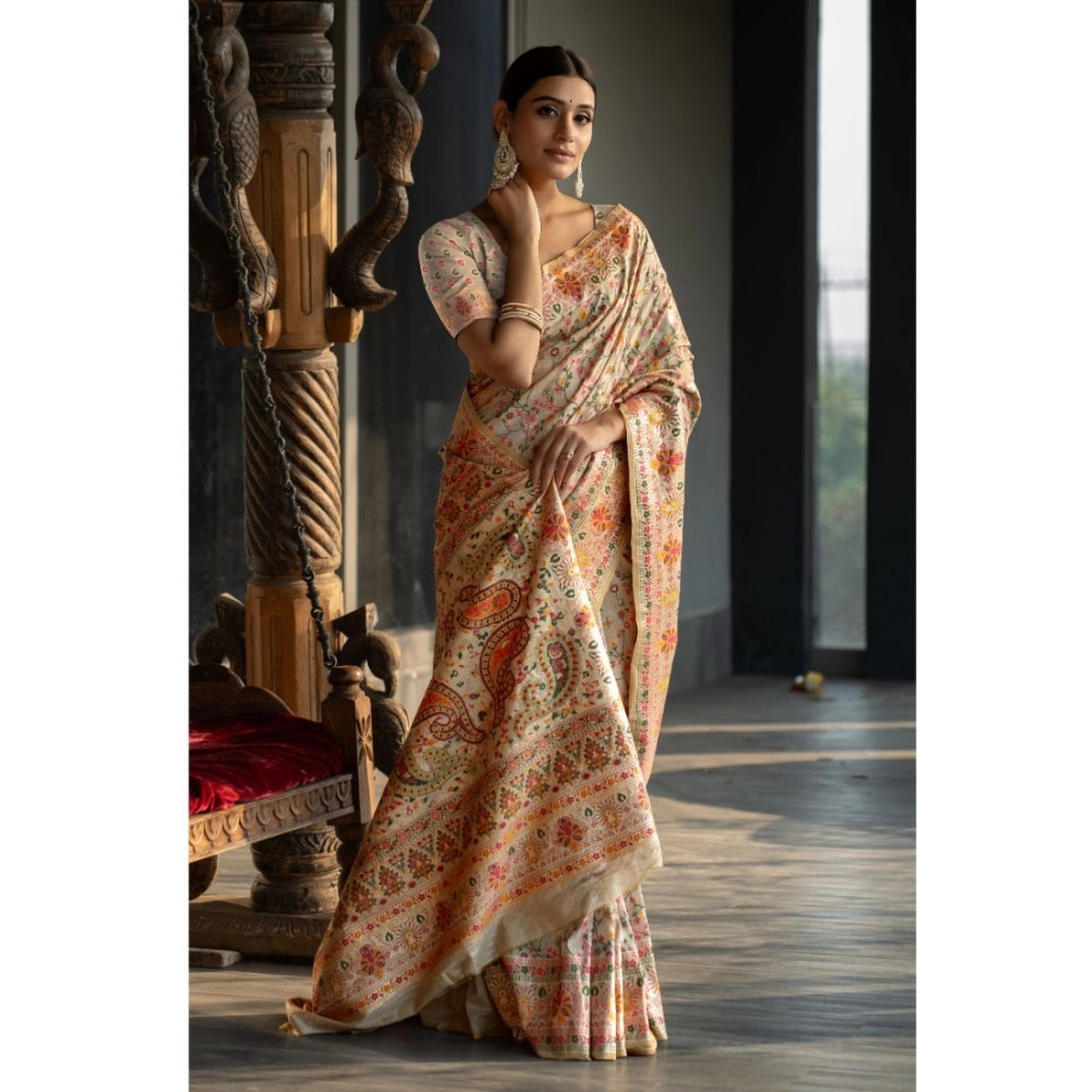 Clasymist Women's Linen Printed Saree With Unstitched Blouse (Beige, 5-6 Mtrs)