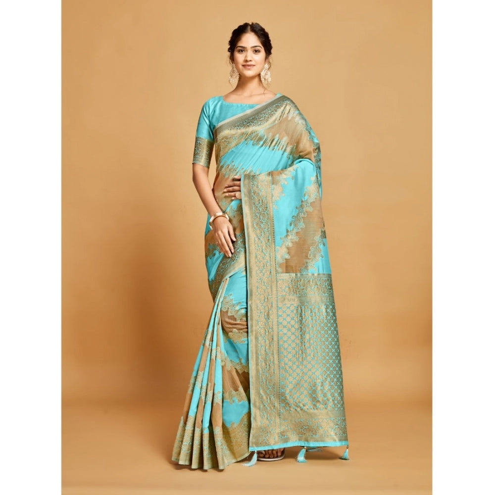 Clasymist Women's Linen Printed Saree With Unstitched Blouse (Sky Blue, 5-6 Mtrs)